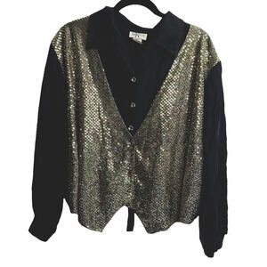 VTG 90s 80s MK Plus Blouse Vest XL 24W Black Gold Womens Sequins Padded Clown